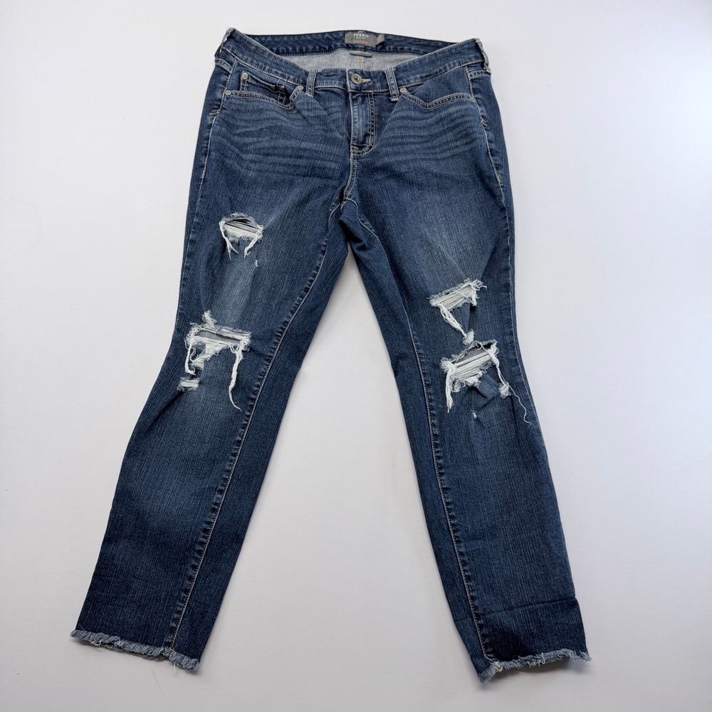 Torrid Crop Boyfriend Distressed Jeans Medium Wash Frayed Hem Size 10